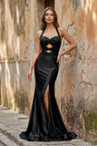 Lilac Halter Mermaid Beaded Long Formal Prom Dresses With Slit