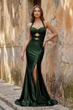 Lilac Halter Mermaid Beaded Long Formal Prom Dresses With Slit