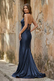 Lilac Halter Mermaid Beaded Long Formal Prom Dresses With Slit
