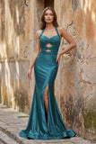 Lilac Halter Mermaid Beaded Long Formal Prom Dresses With Slit