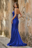 Lilac Halter Mermaid Beaded Long Formal Prom Dresses With Slit
