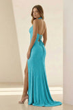 Lilac Halter Mermaid Beaded Long Formal Prom Dresses With Slit