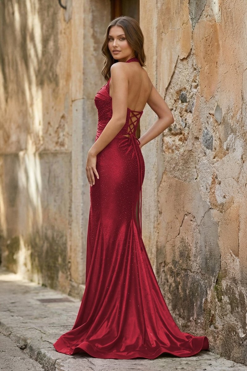 Lilac Halter Mermaid Beaded Long Formal Prom Dresses With Slit