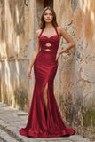 Lilac Halter Mermaid Beaded Long Formal Prom Dresses With Slit