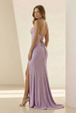Lilac Halter Mermaid Beaded Long Formal Prom Dresses With Slit