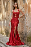 Lilac Halter Mermaid Beaded Long Formal Prom Dresses With Slit