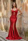 Lilac Halter Mermaid Beaded Long Formal Prom Dresses With Slit