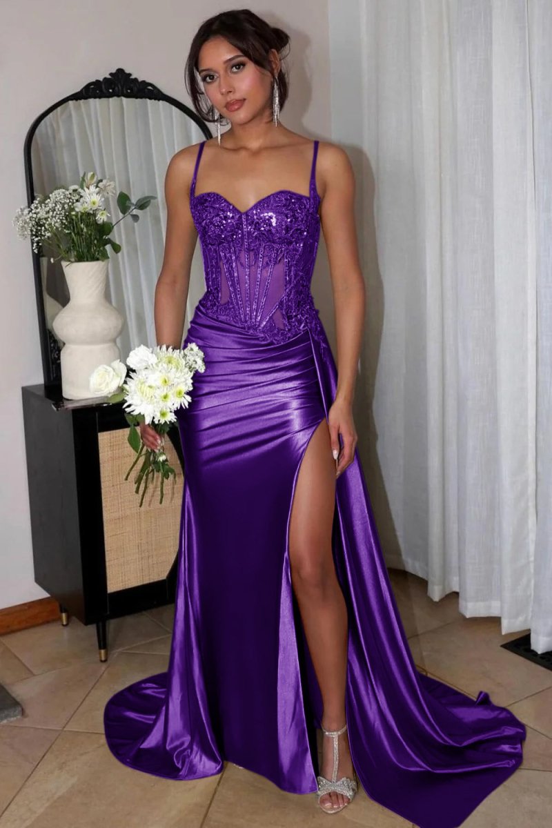 Silver Spaghetti Straps Mermaid Appliqued Prom Dress With Split