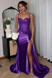 Silver Spaghetti Straps Mermaid Appliqued Prom Dress With Split