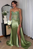 Silver Spaghetti Straps Mermaid Appliqued Prom Dress With Split