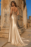 Silver Spaghetti Straps Mermaid Appliqued Prom Dress With Split