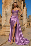 Silver Spaghetti Straps Mermaid Appliqued Prom Dress With Split