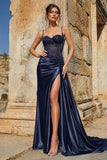 Silver Spaghetti Straps Mermaid Appliqued Prom Dress With Split