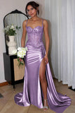 Silver Spaghetti Straps Mermaid Appliqued Prom Dress With Split