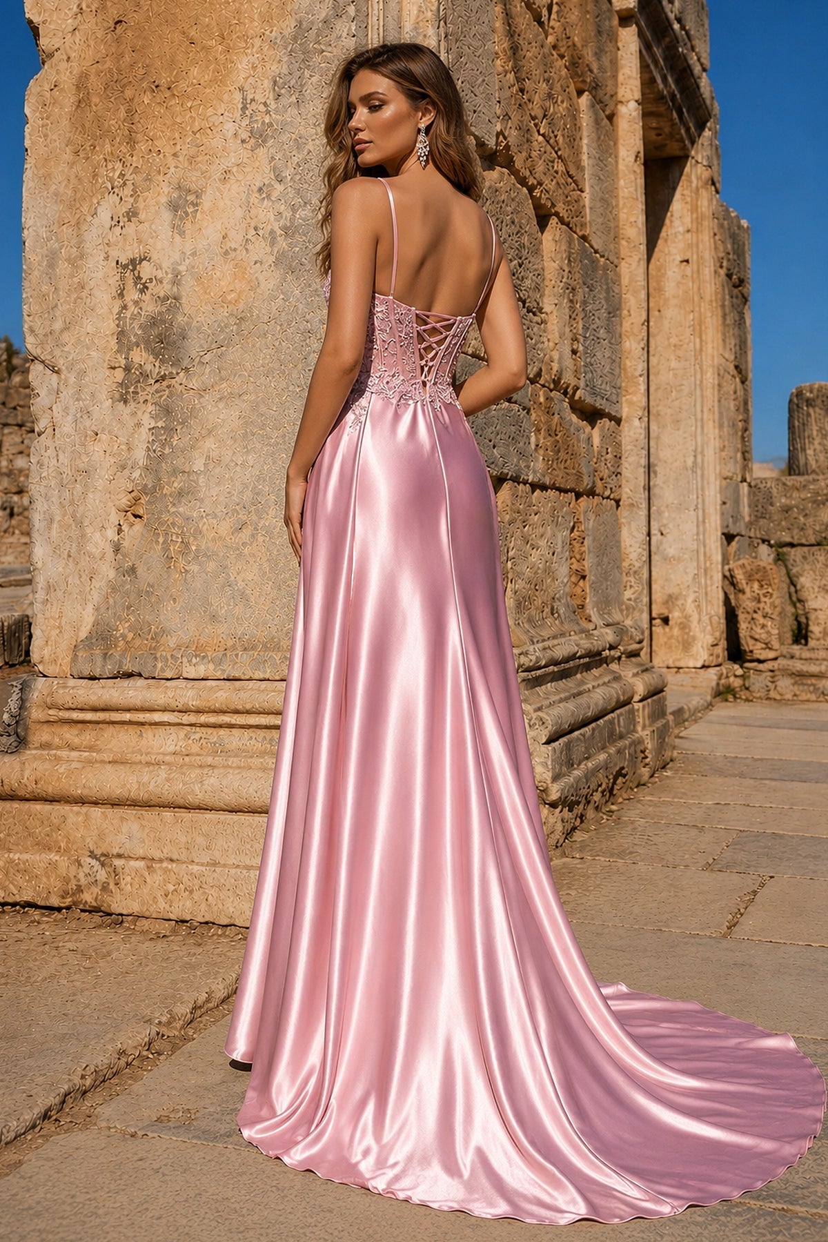 Silver Spaghetti Straps Mermaid Appliqued Prom Dress With Split
