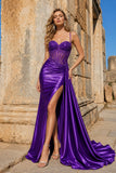 Silver Spaghetti Straps Mermaid Appliqued Prom Dress With Split