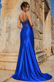 Silver Spaghetti Straps Mermaid Appliqued Prom Dress With Split