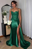 Silver Spaghetti Straps Mermaid Appliqued Prom Dress With Split
