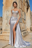 Silver Spaghetti Straps Mermaid Appliqued Prom Dress With Split