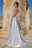 Silver Spaghetti Straps Mermaid Appliqued Prom Dress With Split