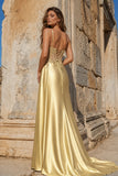 Silver Spaghetti Straps Mermaid Appliqued Prom Dress With Split