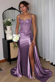 Silver Spaghetti Straps Mermaid Appliqued Prom Dress With Split