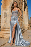 Silver Spaghetti Straps Mermaid Appliqued Prom Dress With Split