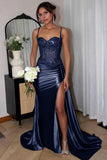 Silver Spaghetti Straps Mermaid Appliqued Prom Dress With Split
