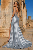 Silver Spaghetti Straps Mermaid Appliqued Prom Dress With Split