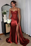 Silver Spaghetti Straps Mermaid Appliqued Prom Dress With Split