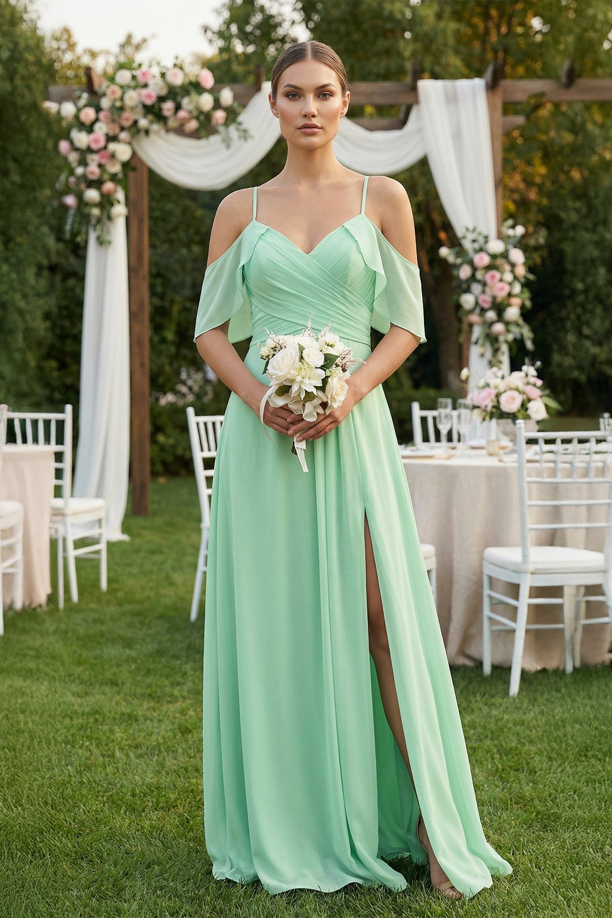 Chiffon A-Line Long Bridesmaid Dress in Pale Pistachio