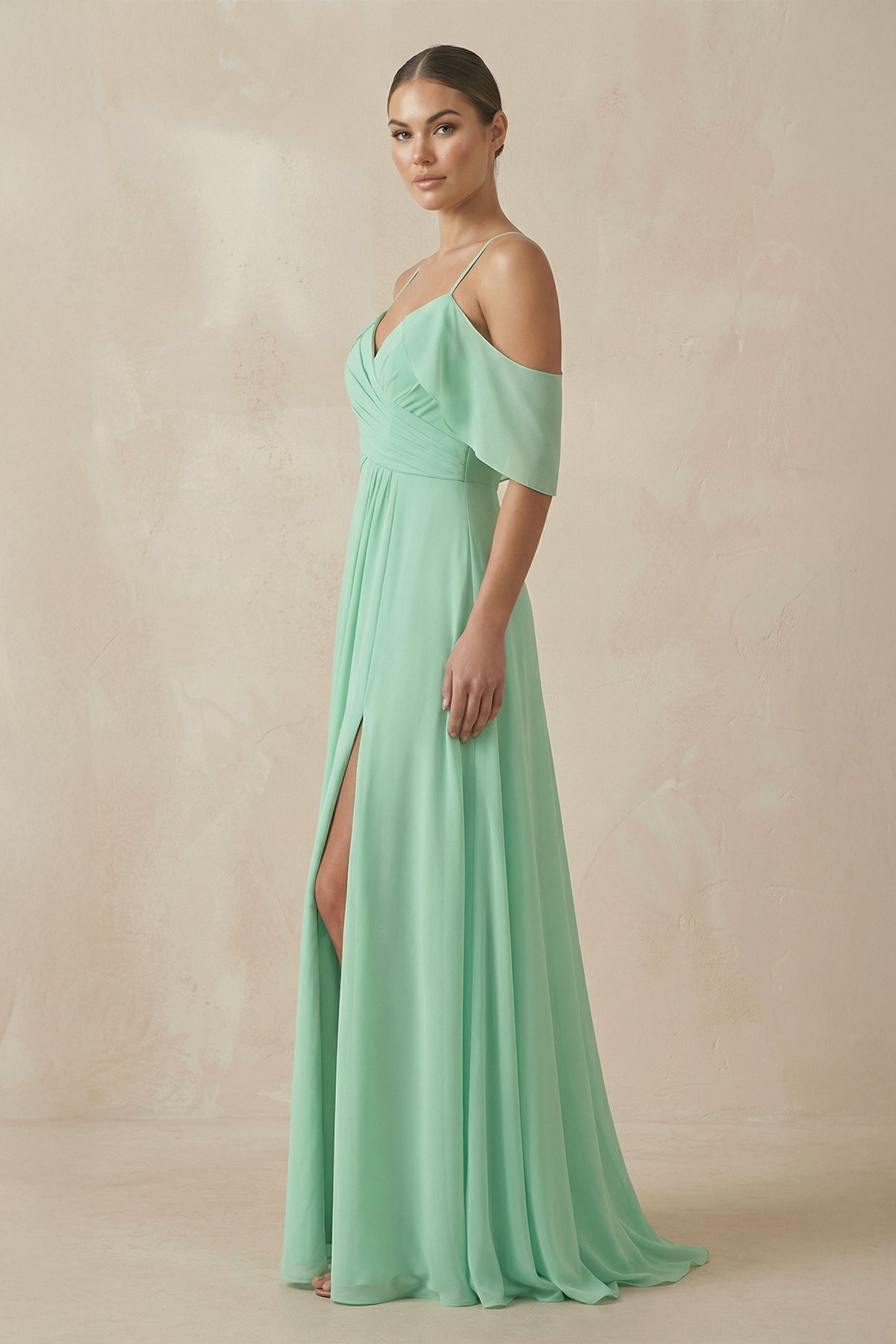 Chiffon A-Line Long Bridesmaid Dress in Pale Pistachio
