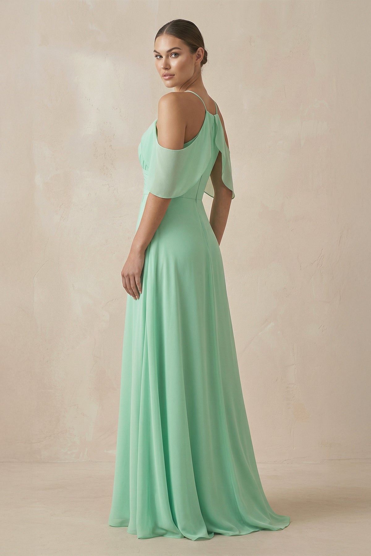 Chiffon A-Line Long Bridesmaid Dress in Pale Pistachio
