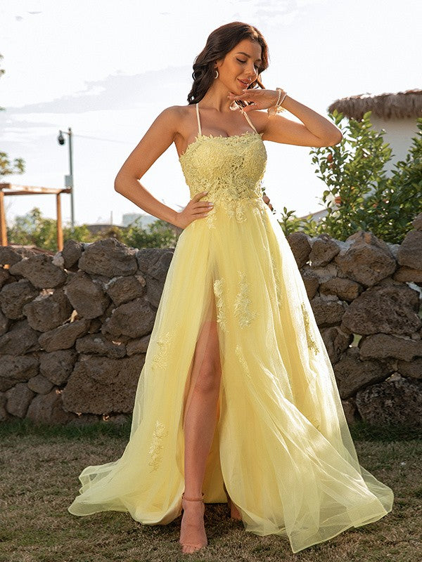 A-Line/Princess Tulle Applique Halter Sleeveless Sweep/Brush Train Dresses Prom Evening Dress