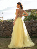 A-Line/Princess Tulle Applique Halter Sleeveless Sweep/Brush Train Dresses Prom Evening Dress
