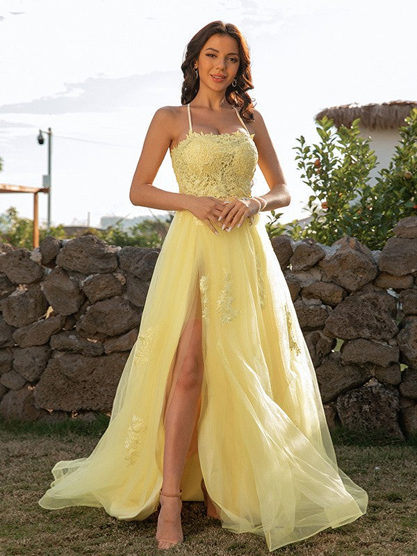 A-Line/Princess Tulle Applique Halter Sleeveless Sweep/Brush Train Dresses Prom Evening Dress