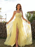 A-Line/Princess Tulle Applique Halter Sleeveless Sweep/Brush Train Dresses Prom Evening Dress