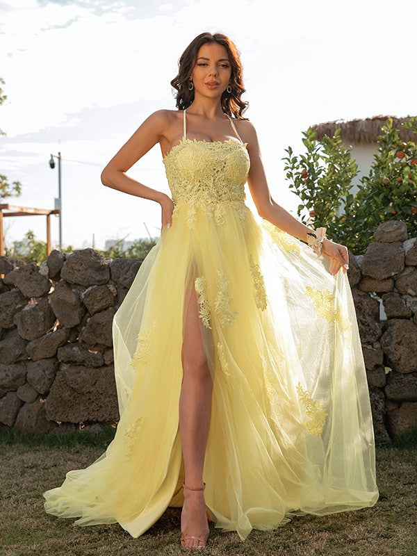 A-Line/Princess Tulle Applique Halter Sleeveless Sweep/Brush Train Dresses Prom Evening Dress