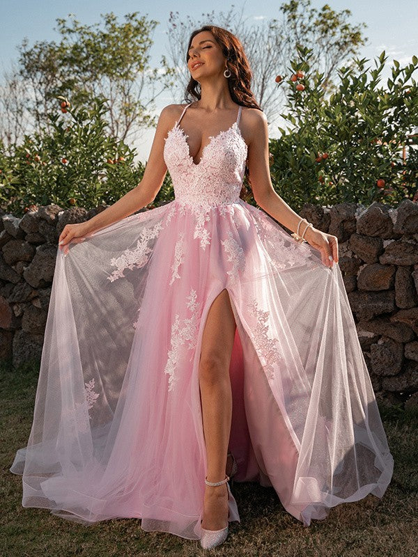 Vestido de noche de fiesta con corte A/princesa, apliques de tul, escote en V, sin mangas y cola de corte