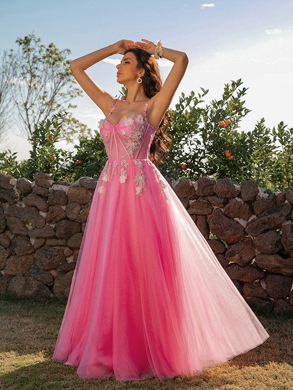 A-Line/Princess Tulle Applique Straps Sleeveless Floor-Length Dresses Prom Evening Dress