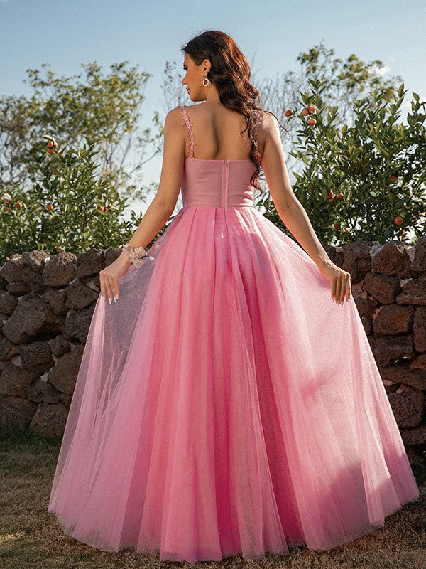 A-Line/Princess Tulle Applique Straps Sleeveless Floor-Length Dresses Prom Evening Dress