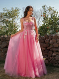 A-Line/Princess Tulle Applique Straps Sleeveless Floor-Length Dresses Prom Evening Dress