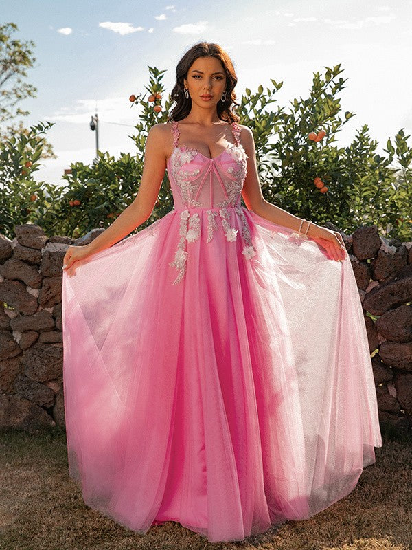 A-Line/Princess Tulle Applique Straps Sleeveless Floor-Length Dresses Prom Evening Dress