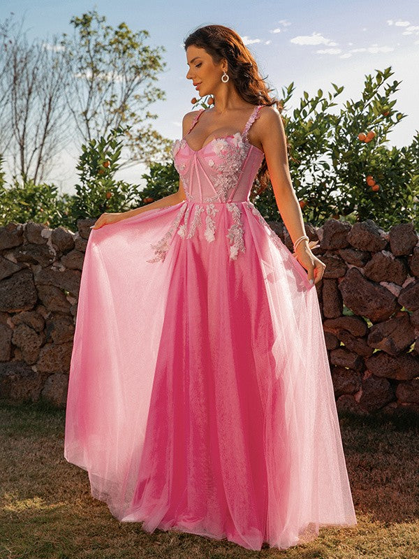 A-Line/Princess Tulle Applique Straps Sleeveless Floor-Length Dresses Prom Evening Dress