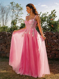 A-Line/Princess Tulle Applique Straps Sleeveless Floor-Length Dresses Prom Evening Dress
