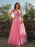 A-Line/Princess Tulle Applique Straps Sleeveless Floor-Length Dresses Prom Evening Dress