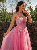 A-Line/Princess Tulle Applique Straps Sleeveless Floor-Length Dresses Prom Evening Dress