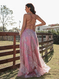 Vestido de noche de graduación con corte A/princesa, encaje, volantes, escote en V, sin mangas y largo hasta el suelo