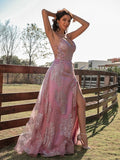 Vestido de noche de graduación con corte A/princesa, encaje, volantes, escote en V, sin mangas y largo hasta el suelo