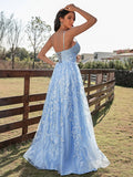 A-Line/Princess Lace Ruffles V-neck Sleeveless Sweep/Brush Train Dresses Prom Evening Dress